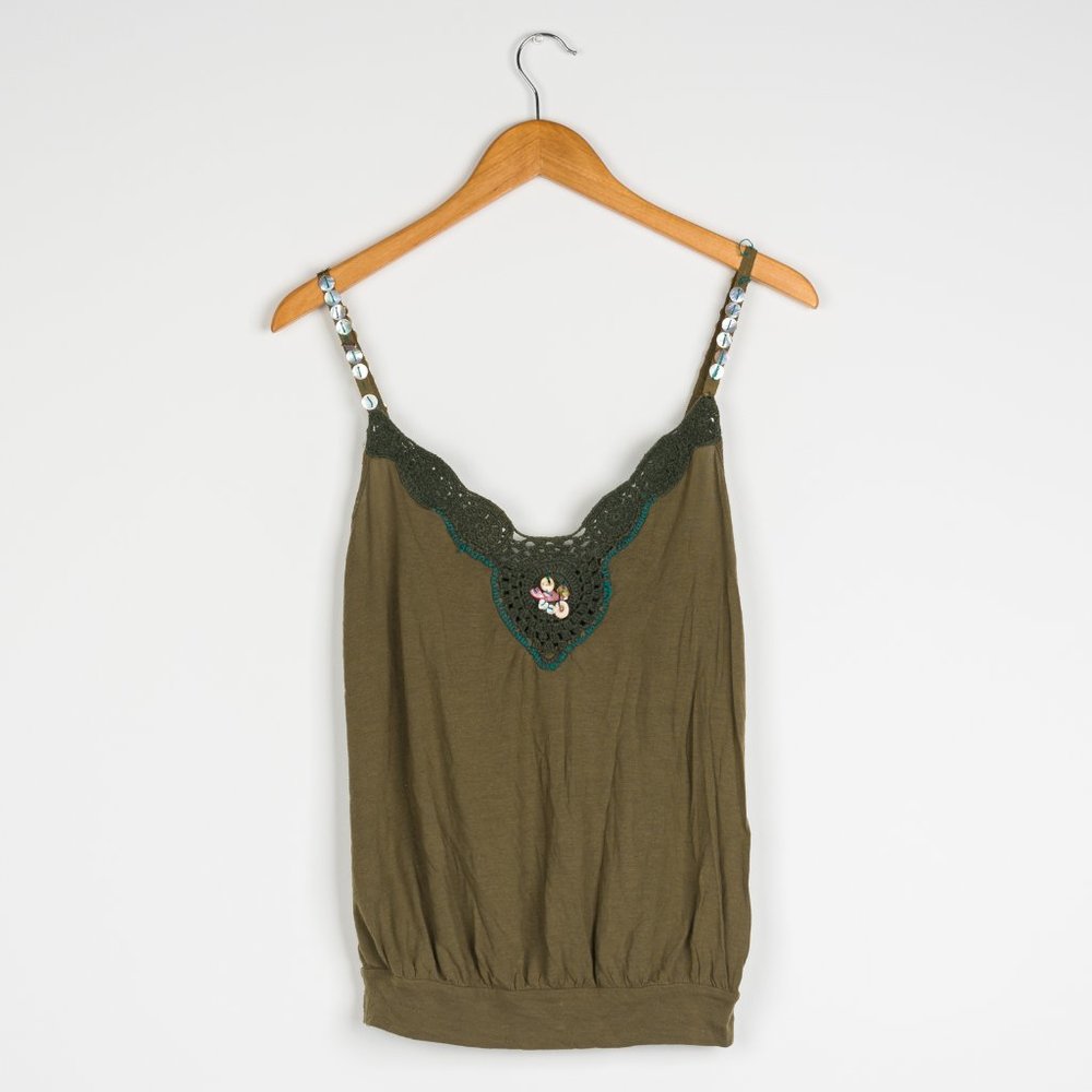 Women's Free People Crochet Sequins Shells Olive Green Tank Top size Small